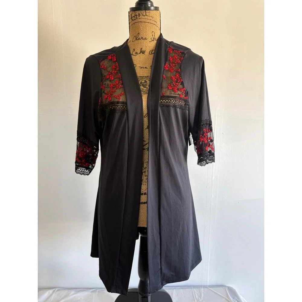 Mapale Hustler Hollywood glam Embroidered Flower Robe Black Red Lace Trim L NEW